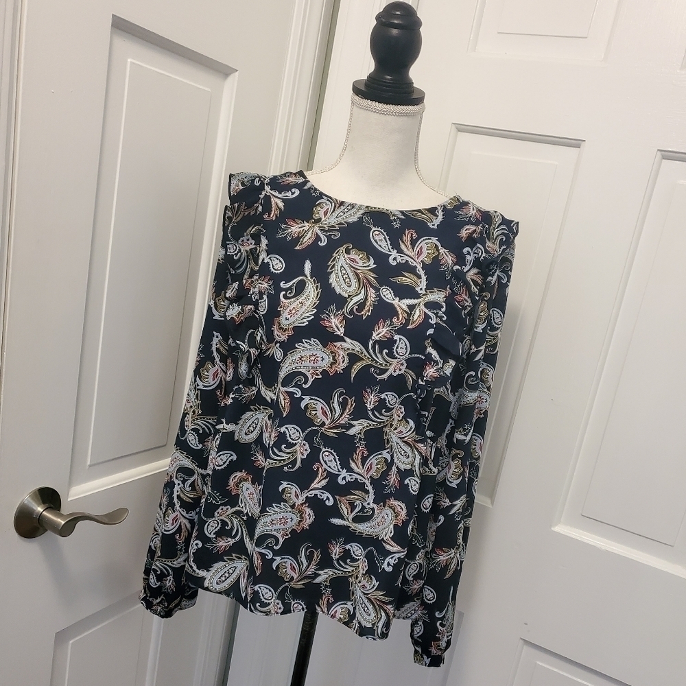 Nanette Lepore Navy Paisley Print Blouse Size Large, Business, Classic